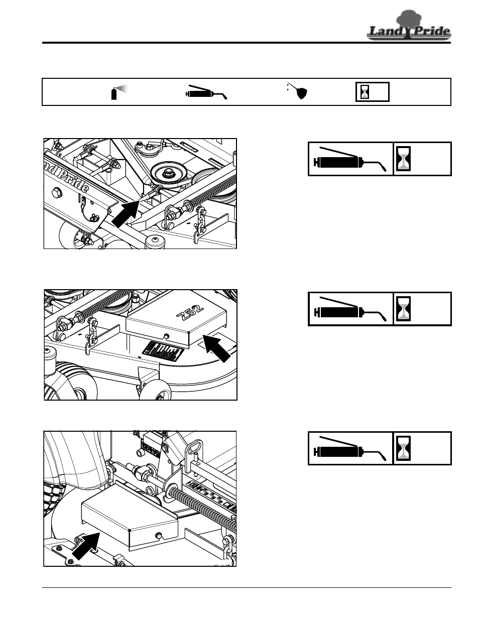 Lubrication points, Center blade spindle, Left blade spindle | Right blade spindle, Table of contents lubrication points, Hours | Land Pride Accu-Z Razor 357-187M User Manual | Page 43 / 54