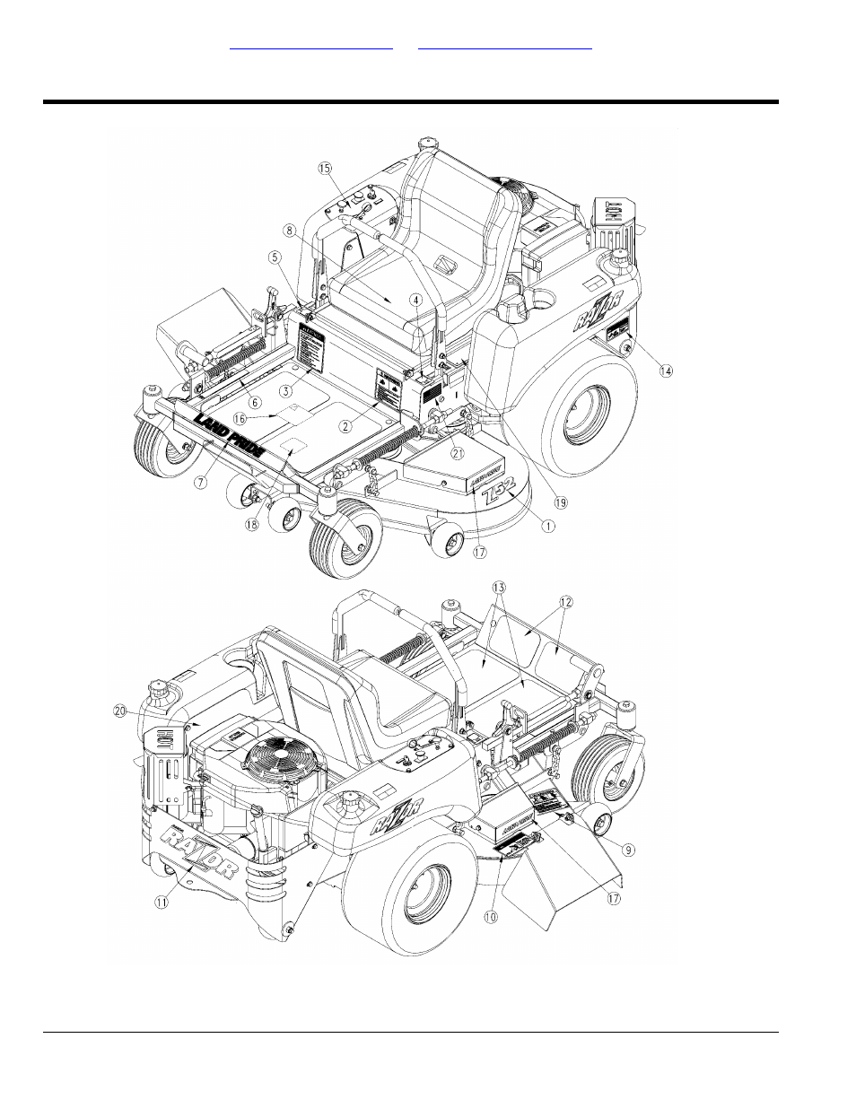 Section 7: decals, Label placement, Table of contents part number index | Land Pride ZERO TURN MOWERS ZR44 User Manual | Page 42 / 52