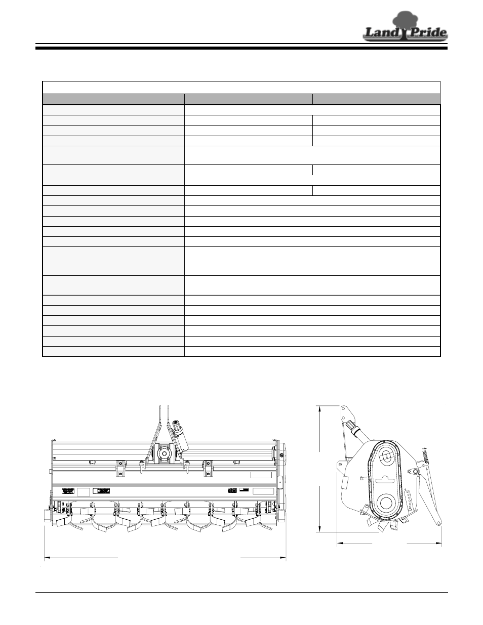Rotary tillers specifications & capacities, Rtr20 series | Land Pride RTA2072 User Manual | Page 2 / 2