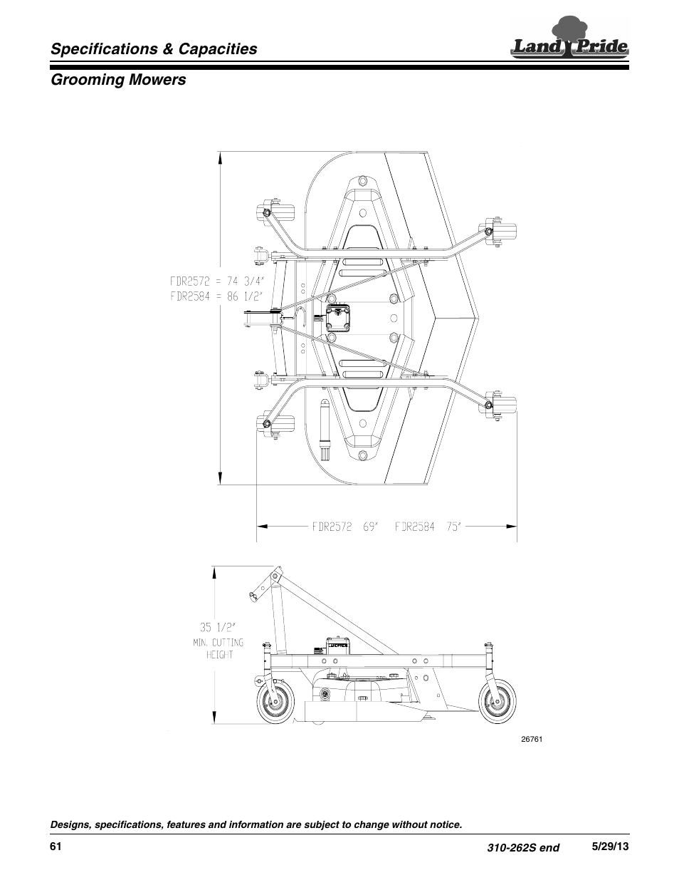Grooming mowers specifications & capacities | Land Pride FDR25 Series User Manual | Page 2 / 2