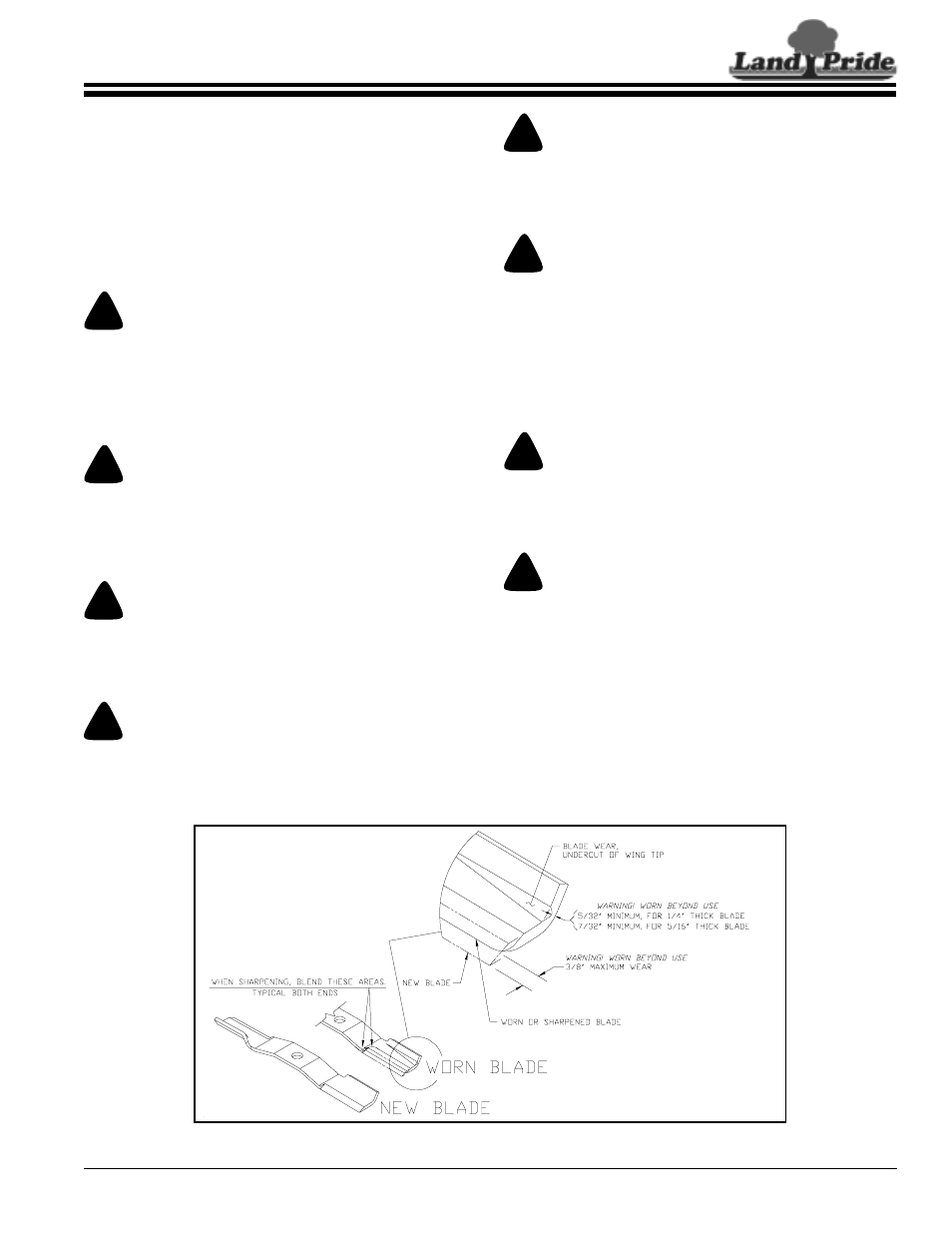 Section 5: maintenance & lubrication, Maintenance, Service mowing blades | Blade inspection, Maintenance service mowing blades | Land Pride FDR2572 User Manual | Page 21 / 32