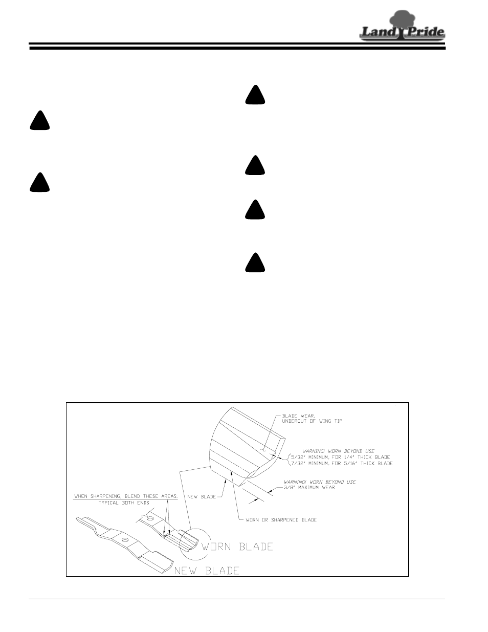 Section 5: maintenance & lubrication, Maintenance, Servicing mower blades | Blade inspection, Maintenance servicing mower blades, Er to “section 5: maintenance & lubrication, Caution, Warning, Danger | Land Pride AFM4214 User Manual | Page 28 / 48