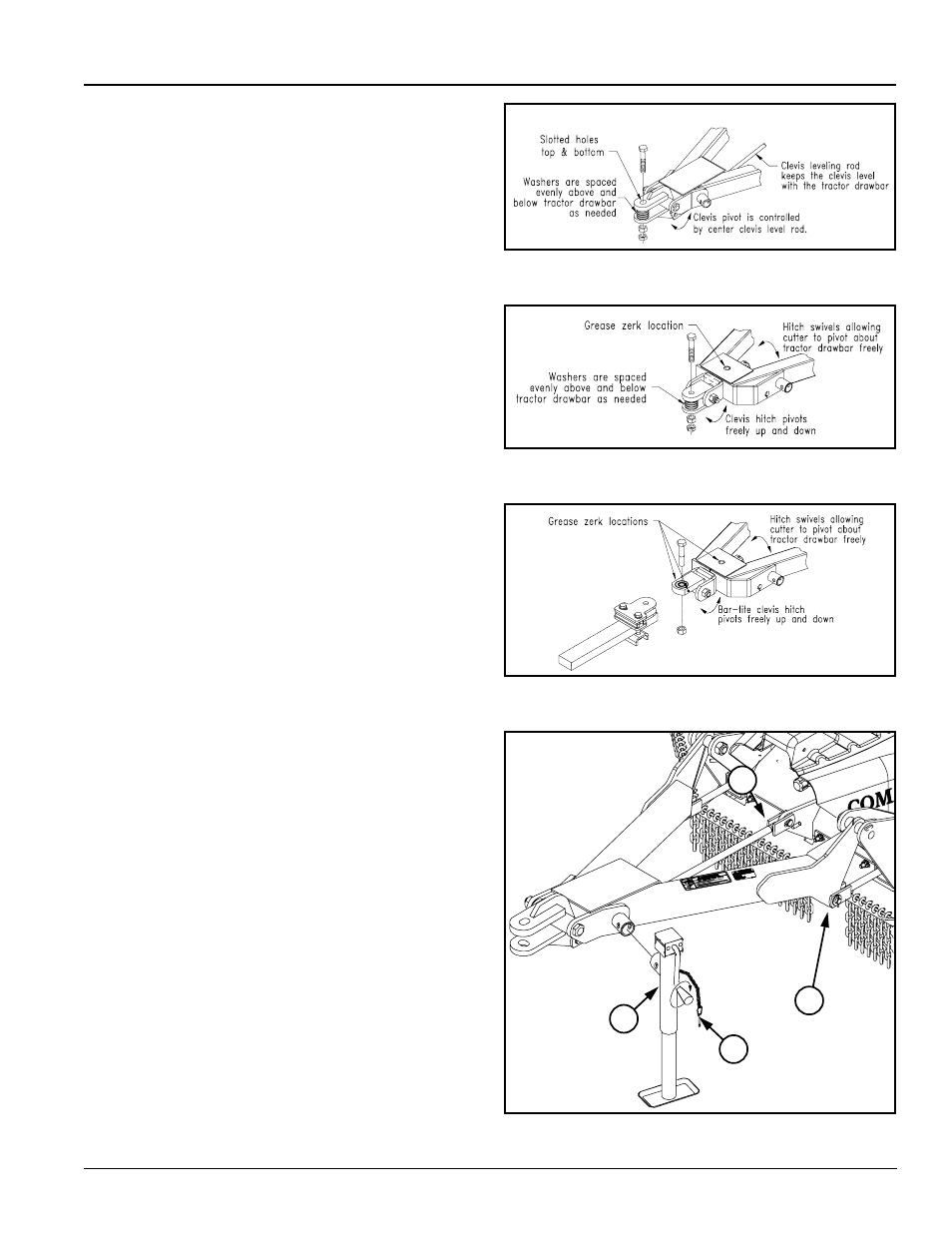 Hitch types, Standard clevis hitch, Double swivel clevis hitch (optional) | Bar-tite hitch (optional), Hitch assembly, Table of contents hitch types | Land Pride RC5010 User Manual | Page 15 / 46
