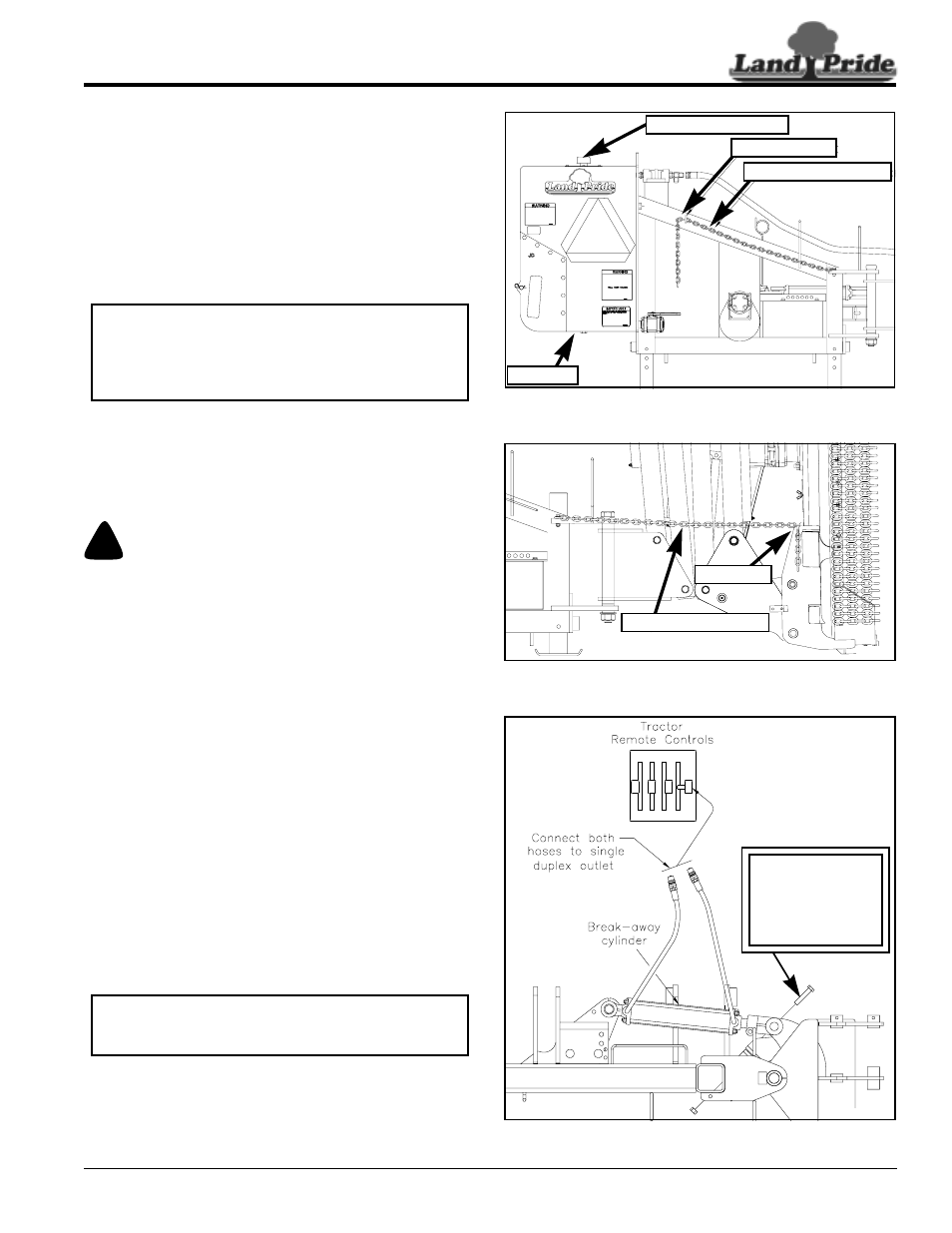 Hydraulic reservoir oil fill, Transport safety chain, Breakaway cylinder | Warning, Table of contents hydraulic reservoir oil fill | Land Pride RCP2660 User Manual | Page 19 / 62