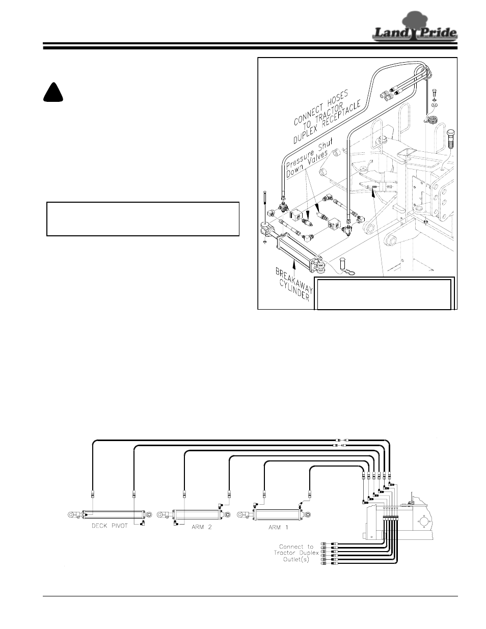 Section 6: hydraulic plumbing, Breakaway cylinder, Pressure shut down valve operation | Tractor control, Caution, Table of contents breakaway cylinder | Land Pride RCP2660 User Manual | Page 39 / 62