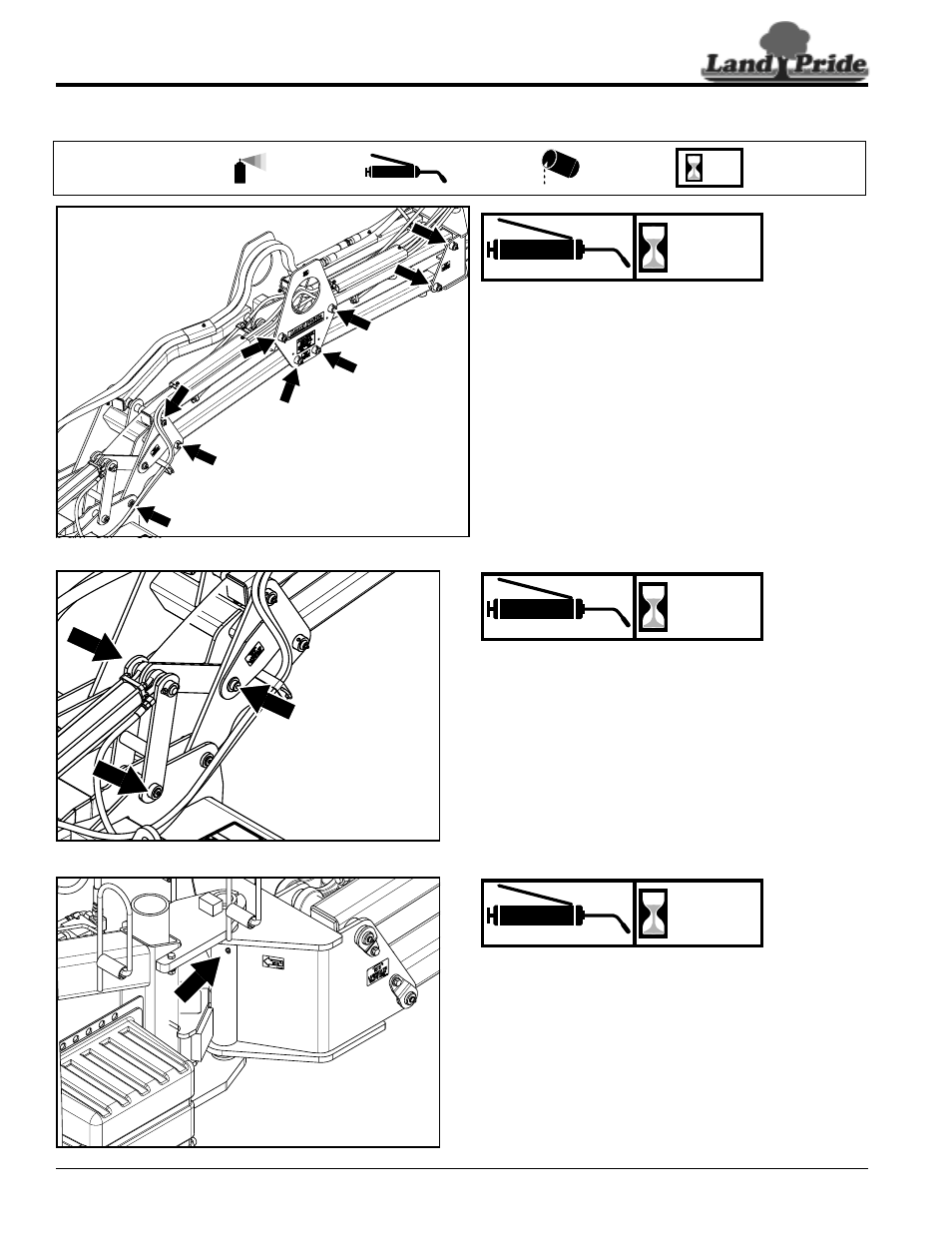 Lubrication points, Parallel arm, Deck pivot | Parallel arm pivot, Parallel arm deck pivot parallel arm pivot, Table of contents lubrication points, Hours | Land Pride RCP2660 User Manual | Page 52 / 62