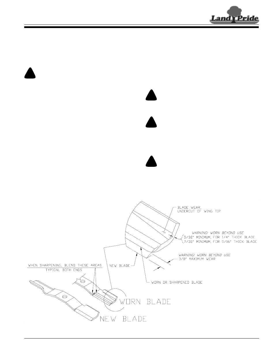 Section 4: maintenance and lubrication, Maintenance, Service mowing blades | Blade inspection, Blade removal and installation, Section 4: maintenance and lubrication 17, Maintenance service mowing blades, Warning, Caution | Land Pride FDR3590 User Manual | Page 19 / 30