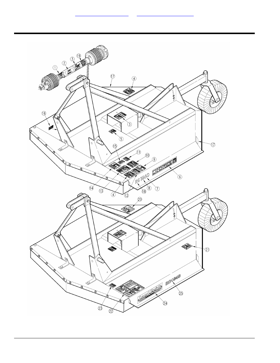 Section 6: labels, Label placement, Table of contents part number index | Land Pride Rotary Cutter RC15 User Manual | Page 134 / 172