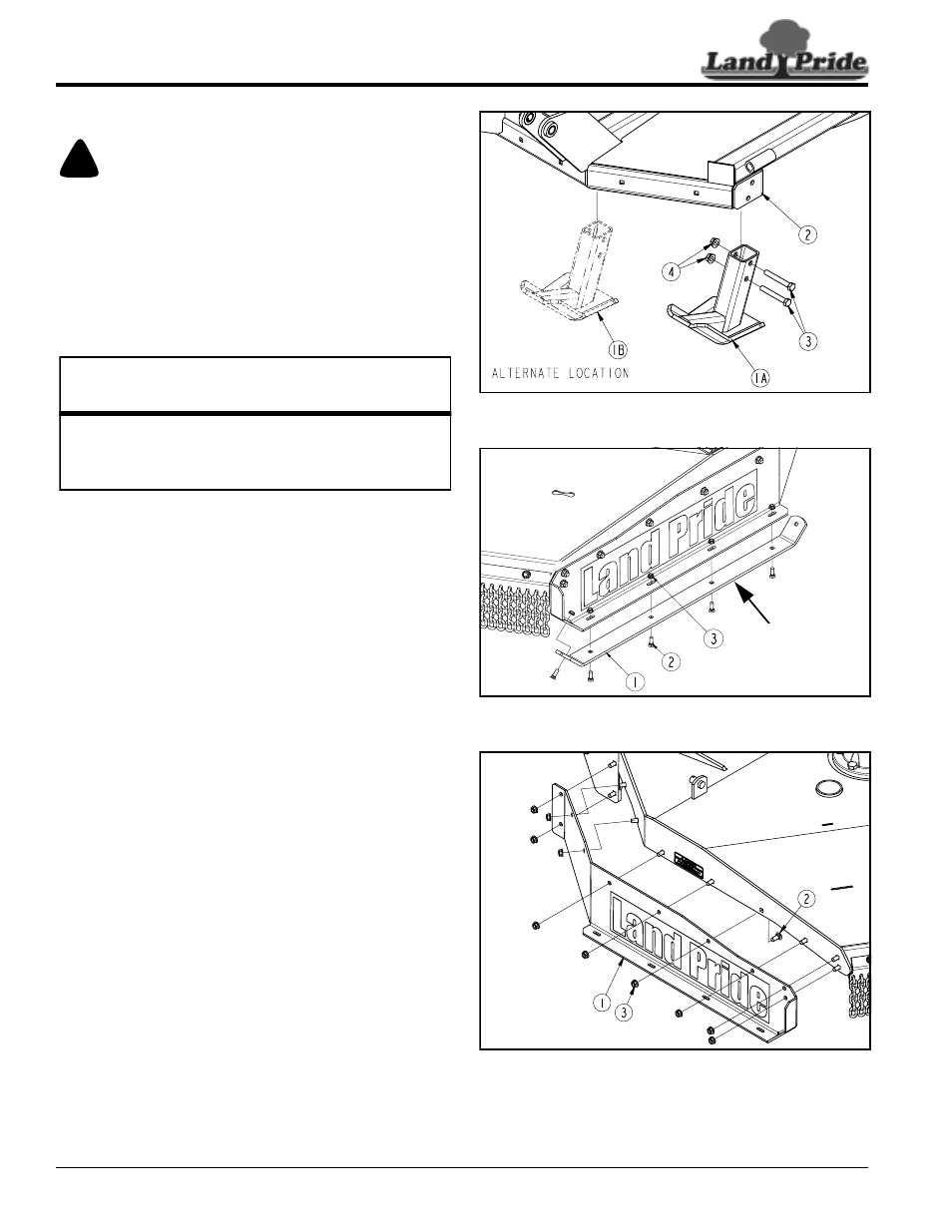 Skid shoe maintenance, Center skid shoe, Wing skid shoe | Side skirt maintenance, Center skid shoe wing skid shoe, Caution, Table of contents skid shoe maintenance | Land Pride RC5515 User Manual | Page 38 / 54