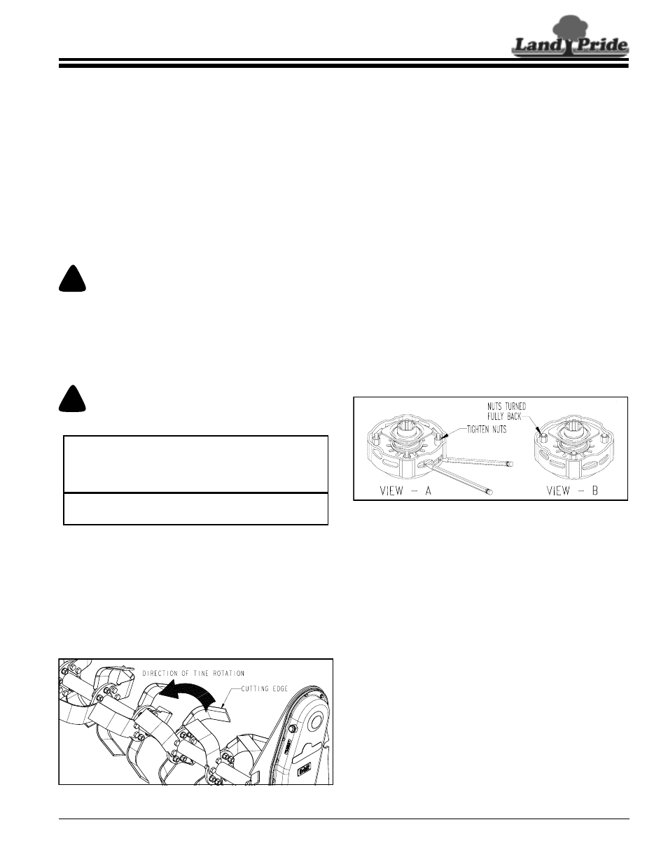 Section 4: maintenance & lubrication, Maintenance, Tine replacement | Driveline protection, Clutches with 4 adjusting nuts, Clutch run-in, Er to “driveline protection, Er to “tine replacement, Caution, Warning | Land Pride 311-252M User Manual | Page 23 / 36