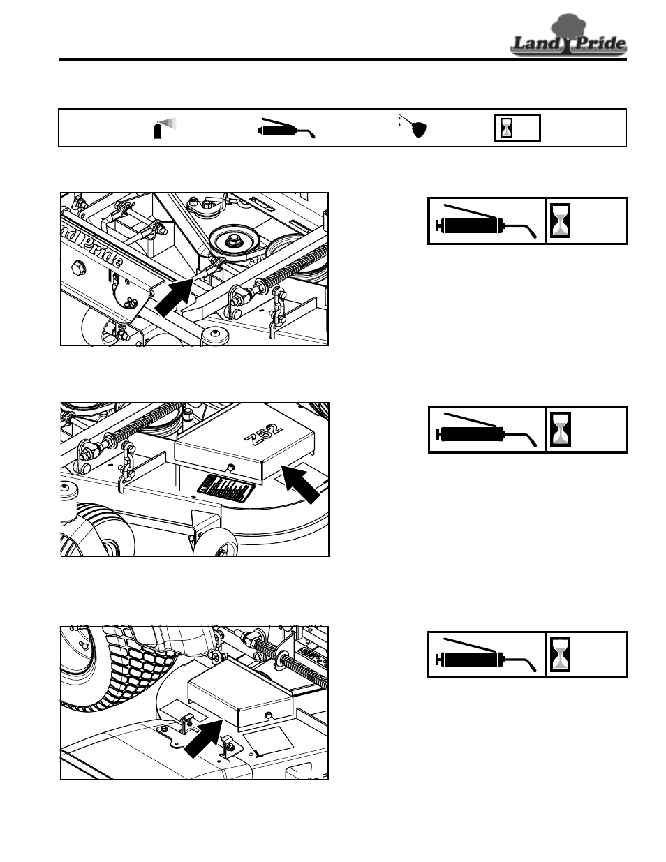 Lubrication points, Center blade spindle, Left blade spindle | Right blade spindle, Table of contents lubrication points, Hours | Land Pride Accu-Z Razor 357-044M User Manual | Page 39 / 48