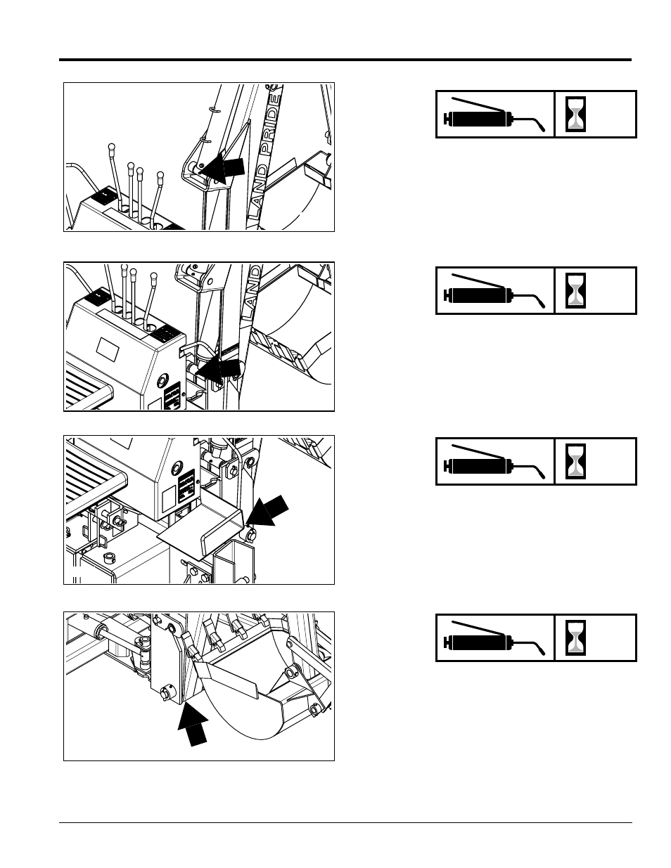 Dipper stick cylinder base end, Boom cylinder rod end, Boom pivots (both sides) | Boom pivot (unerneath at end of boom) | Land Pride Backhoes BH2585 User Manual | Page 25 / 34