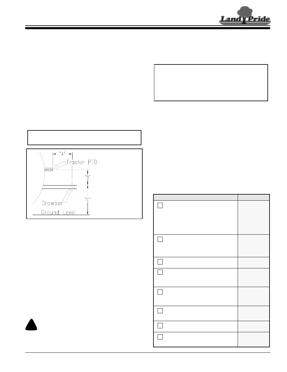 Section 1: preparation and set-up, Tractor requirements, Horsepower | Hitch, Hydraulic outlets, Pto speed, Before you start, Dealer assembly & preparations, Horsepower hitch hydraulic outlets pto speed, Before you start dealer assembly & preparations | Land Pride RCMB6010 User Manual | Page 13 / 42