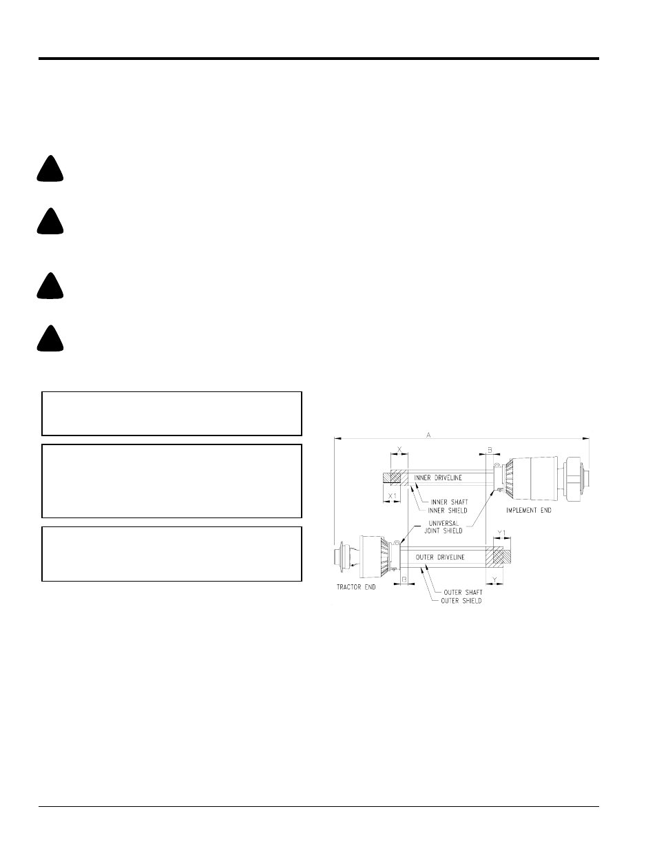 Driveline installation, Checking driveline minimum length, Warning | Caution, Table of contents driveline installation | Land Pride DM3706 Series User Manual | Page 16 / 32