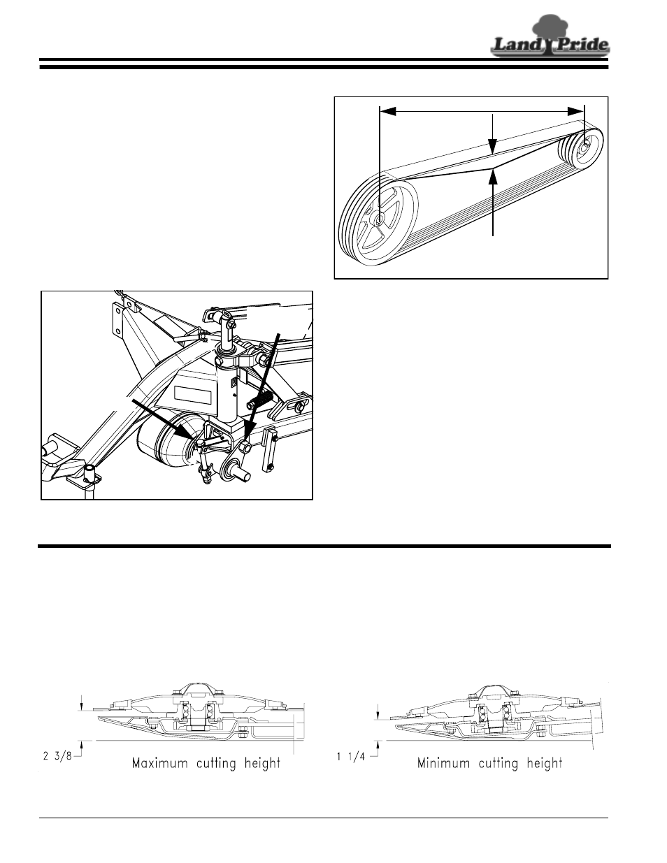 Section 3: adjustments, Belt tension adjustment, Cutting height | Belt tension adjustment cutting height, Table of contents belt tension adjustment | Land Pride DM3706 Series User Manual | Page 22 / 32