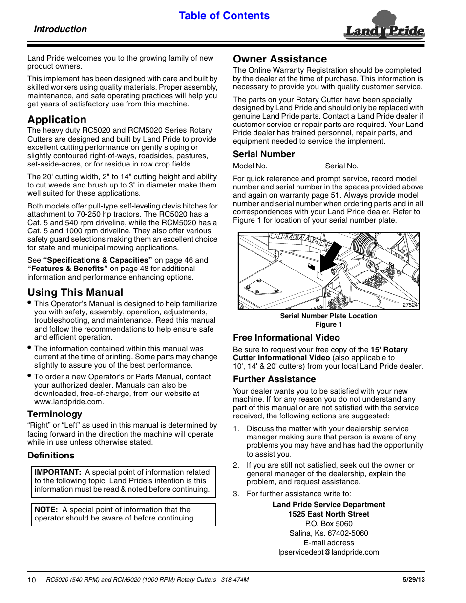 Introduction, Application, Using this manual | Terminology, Definitions, Owner assistance, Serial number, Free informational video, Application using this manual, Terminology definitions | Land Pride RC5020 User Manual | Page 12 / 54