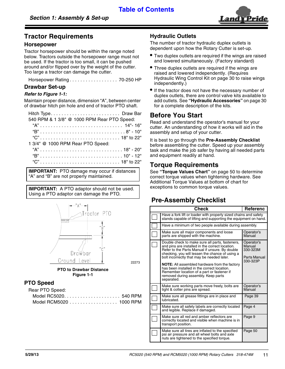 Section 1: assembly & set-up, Tractor requirements, Horsepower | Drawbar set-up, Pto speed, Hydraulic outlets, Before you start, Torque requirements, Section 1: assembly and set-up, Before you start torque requirements | Land Pride RC5020 User Manual | Page 13 / 54