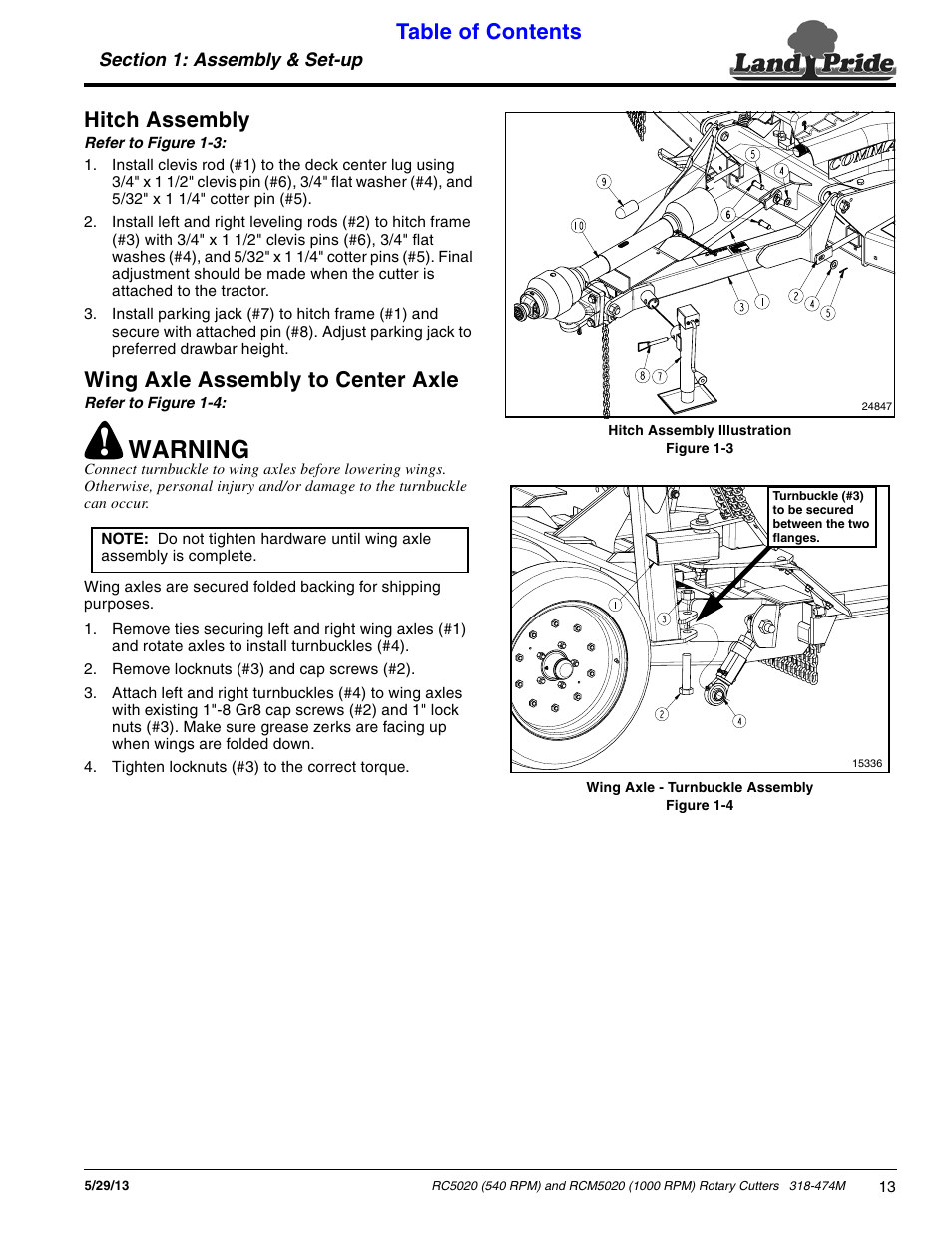 Hitch assembly, Wing axle assembly to center axle, Hitch assembly wing axle assembly to center axle | Warning, Table of contents hitch assembly | Land Pride RC5020 User Manual | Page 15 / 54