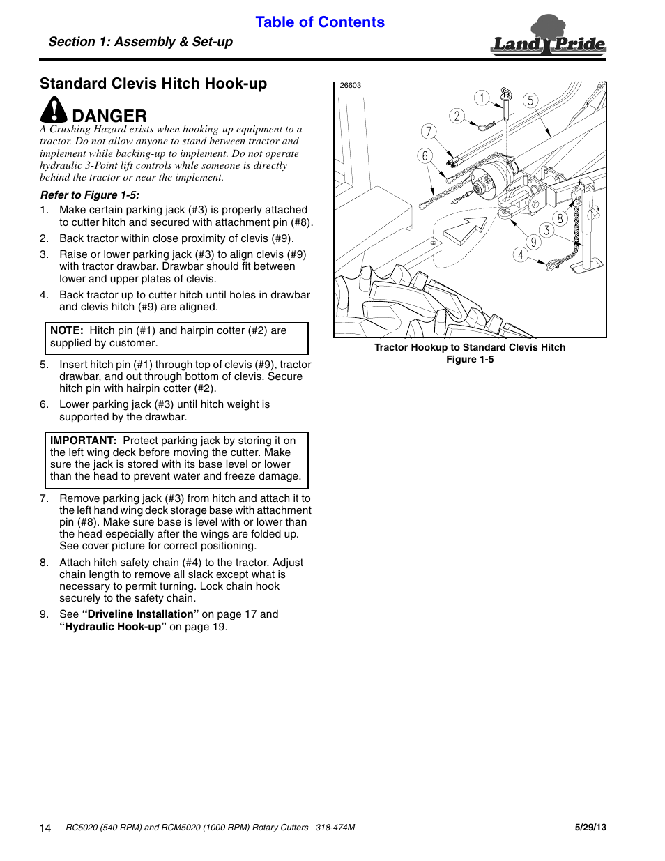 Standard clevis hitch hook-up, Danger, Table of contents standard clevis hitch hook-up | Land Pride RC5020 User Manual | Page 16 / 54