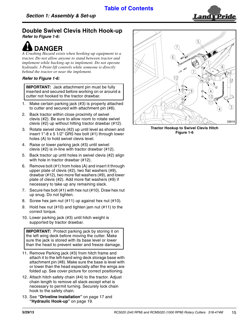 Double swivel clevis hitch hook-up, Danger | Land Pride RC5020 User Manual | Page 17 / 54