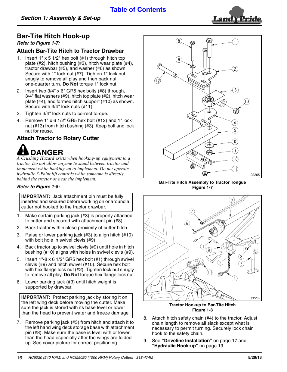 Bar-tite hitch hook-up, Danger, Table of contents bar-tite hitch hook-up | Land Pride RC5020 User Manual | Page 18 / 54