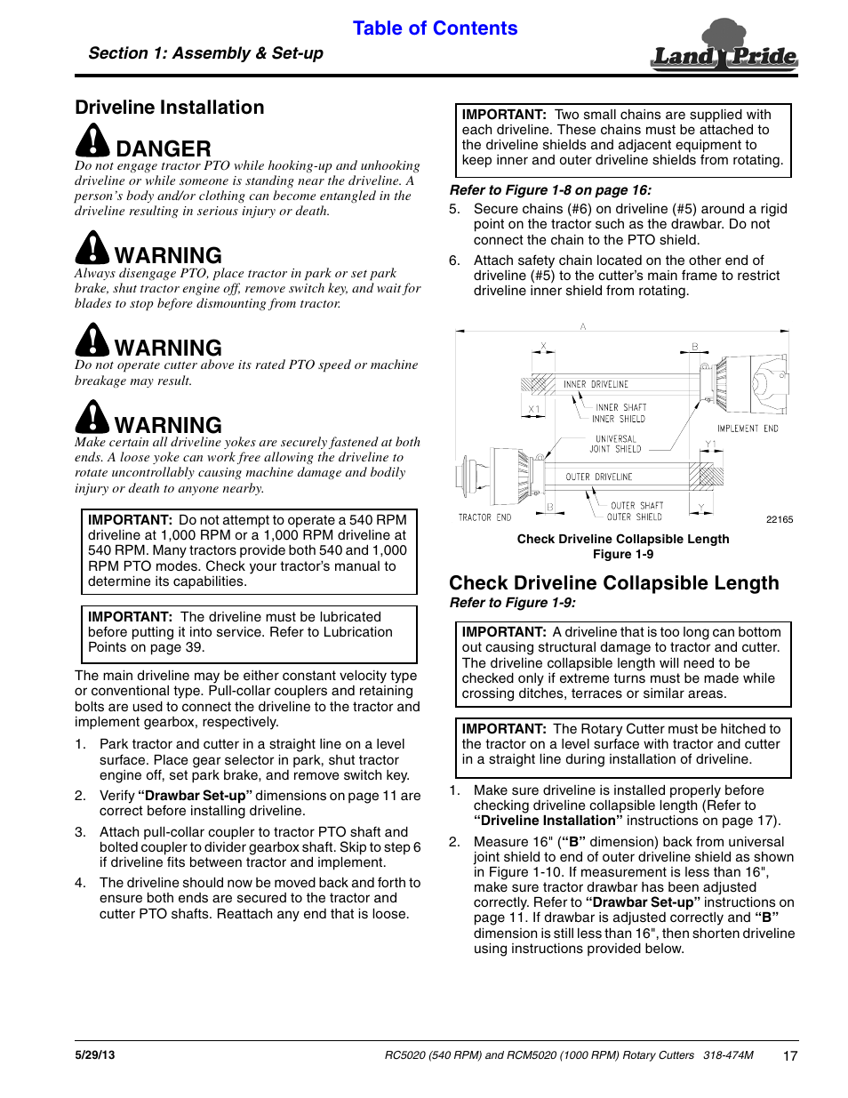 Driveline installation, Check driveline collapsible length, Danger | Warning | Land Pride RC5020 User Manual | Page 19 / 54