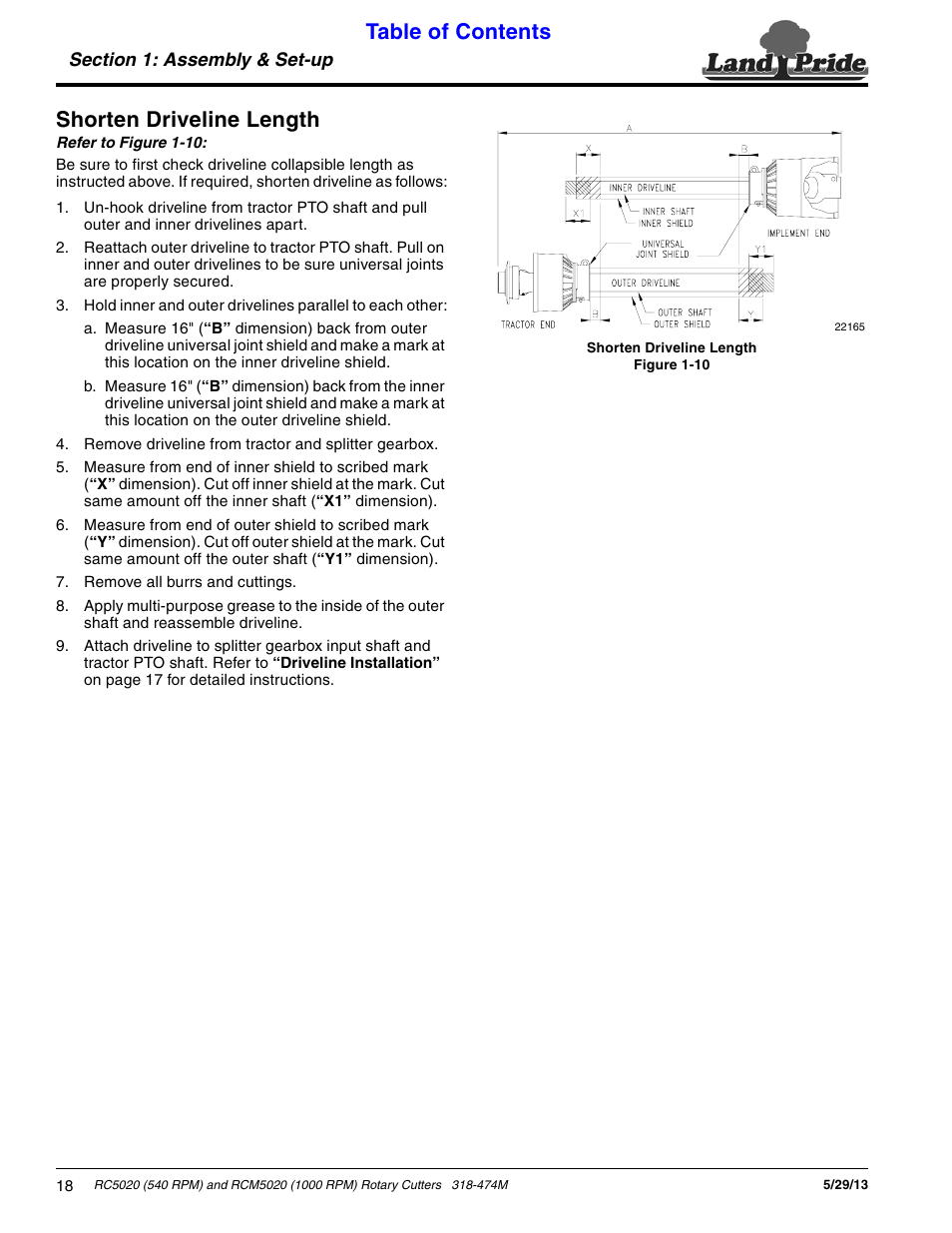 Shorten driveline length, Table of contents shorten driveline length | Land Pride RC5020 User Manual | Page 20 / 54