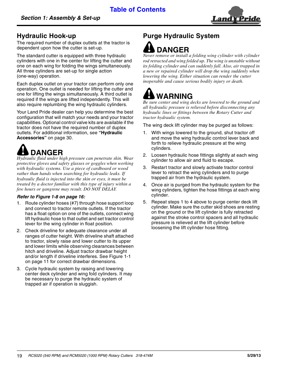 Hydraulic hook-up, Purge hydraulic system, Hydraulic hook-up purge hydraulic system | Danger, Warning | Land Pride RC5020 User Manual | Page 21 / 54