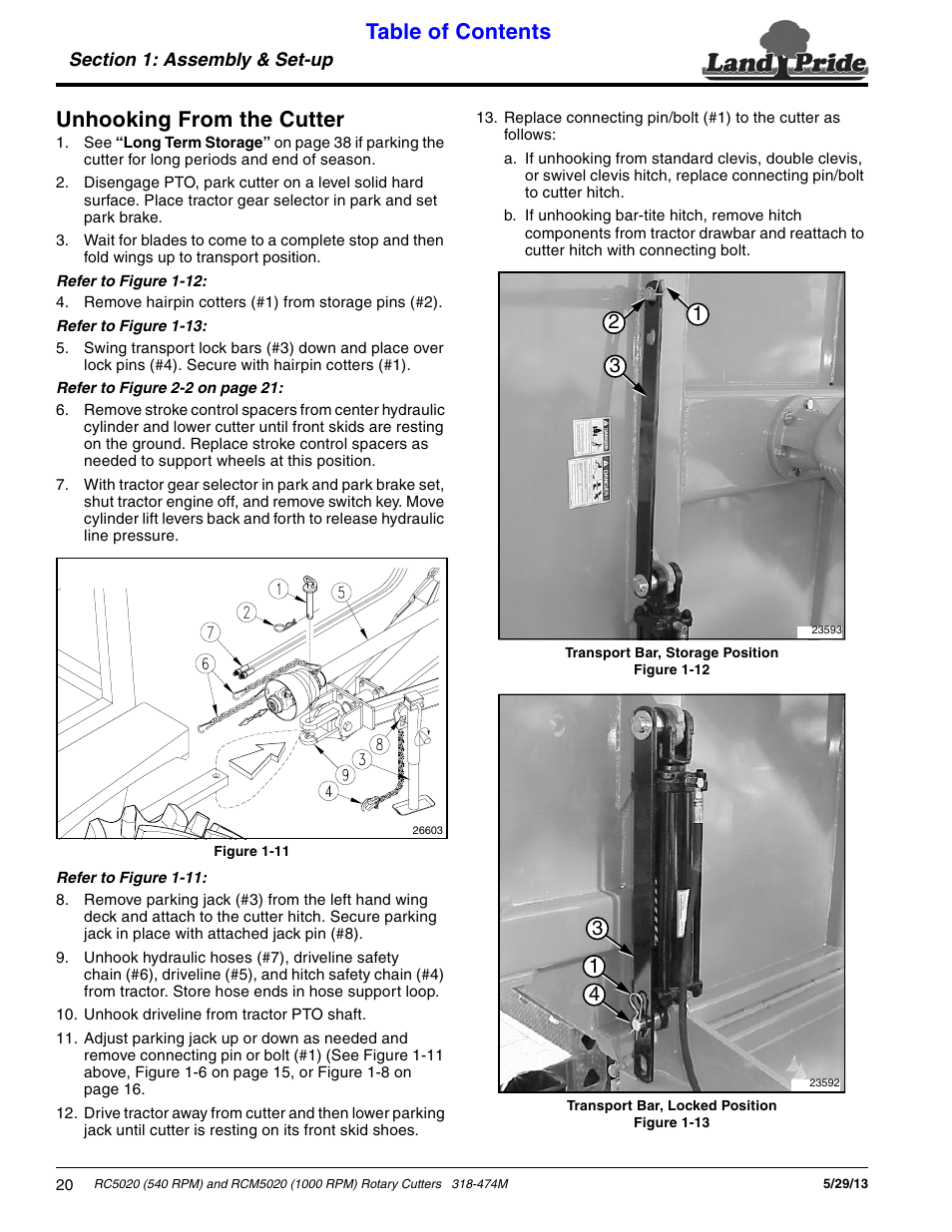Unhooking from the cutter, Table of contents unhooking from the cutter | Land Pride RC5020 User Manual | Page 22 / 54
