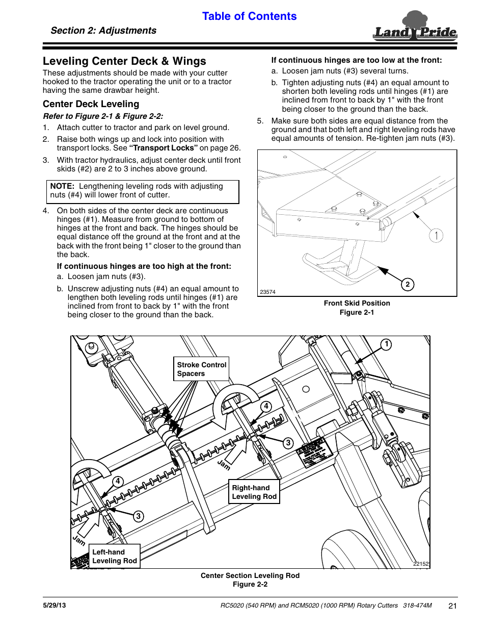 Section 2: adjustments, Leveling center deck & wings, Table of contents leveling center deck & wings | Land Pride RC5020 User Manual | Page 23 / 54