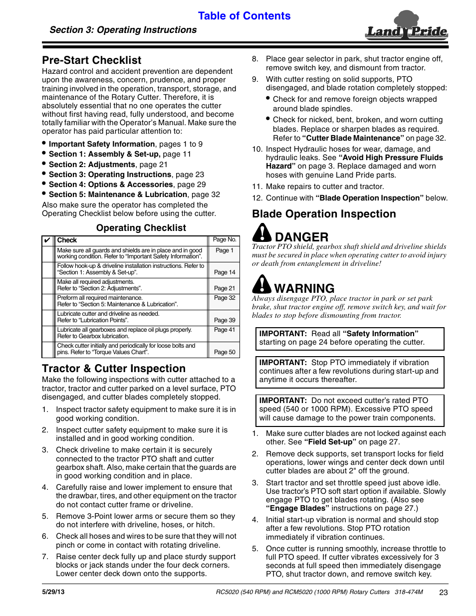 Section 3: operating instructions, Pre-start checklist, Tractor & cutter inspection | Blade operation inspection, Danger, Warning, Table of contents pre-start checklist | Land Pride RC5020 User Manual | Page 25 / 54