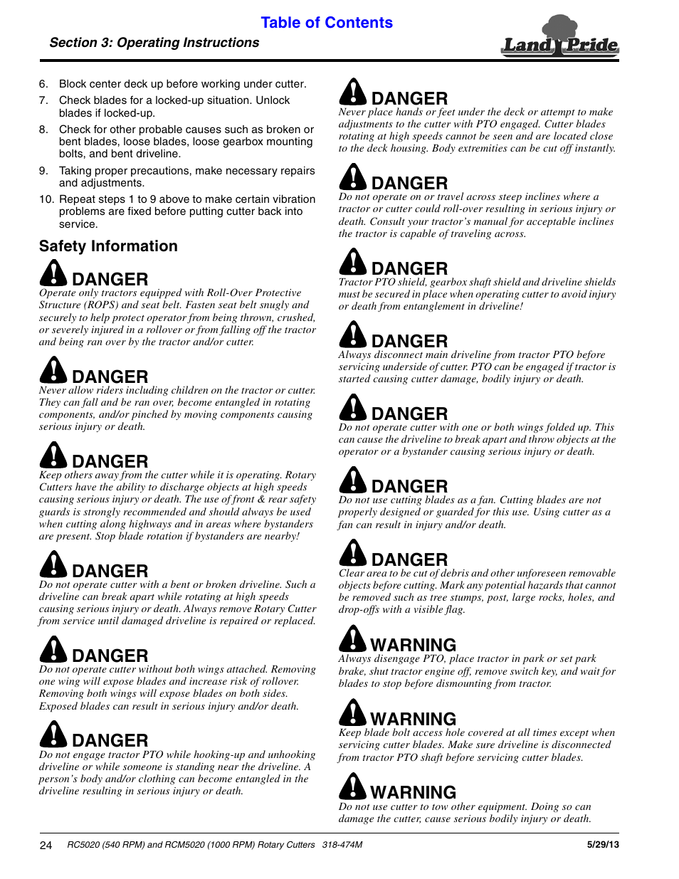 Safety information | Land Pride RC5020 User Manual | Page 26 / 54