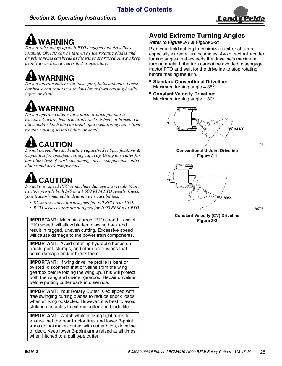 Avoid extreme turning angles, Warning, Caution | Land Pride RC5020 User Manual | Page 27 / 54