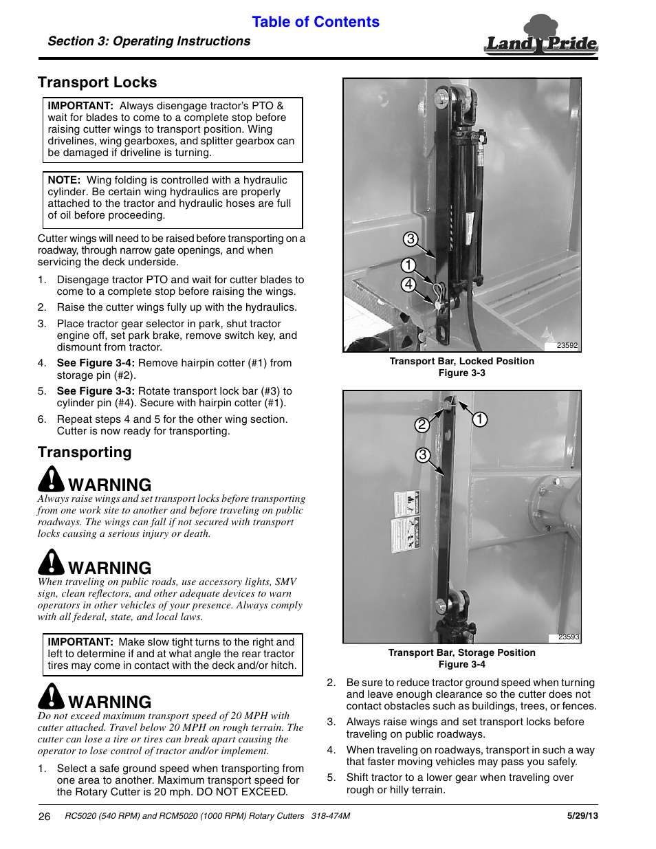 Transport locks, Transporting, Transport locks transporting | Warning, Table of contents transport locks | Land Pride RC5020 User Manual | Page 28 / 54