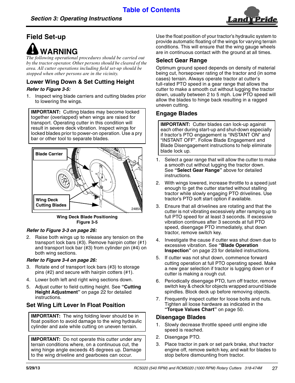 Field set-up, Warning, Table of contents field set-up | Land Pride RC5020 User Manual | Page 29 / 54