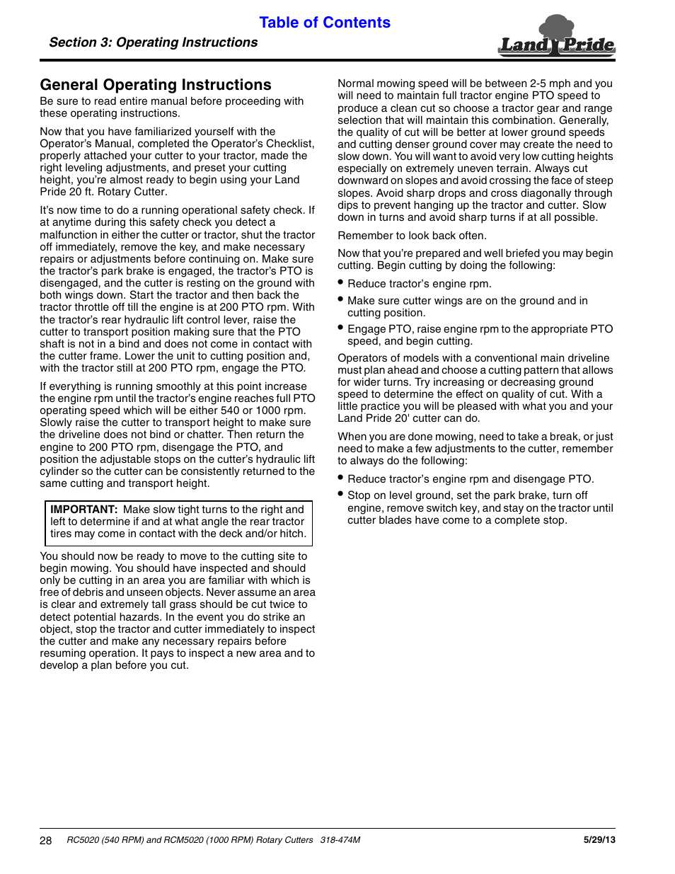 General operating instructions, Table of contents general operating instructions | Land Pride RC5020 User Manual | Page 30 / 54