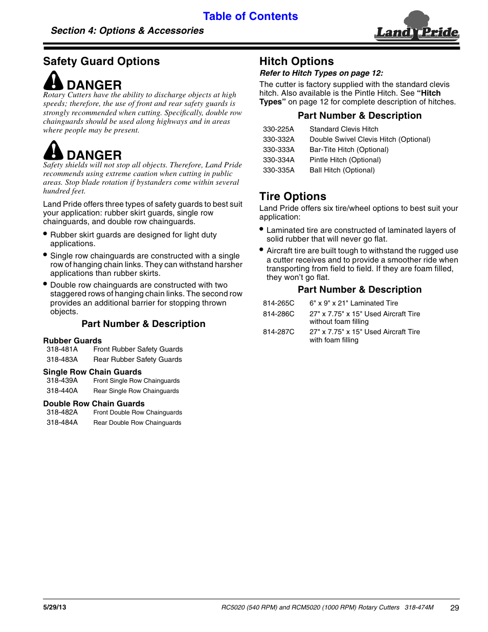 Section 4: options & accessories, Safety guard options, Hitch options | Tire options, Safety guard options hitch options tire options, Danger, Table of contents safety guard options | Land Pride RC5020 User Manual | Page 31 / 54
