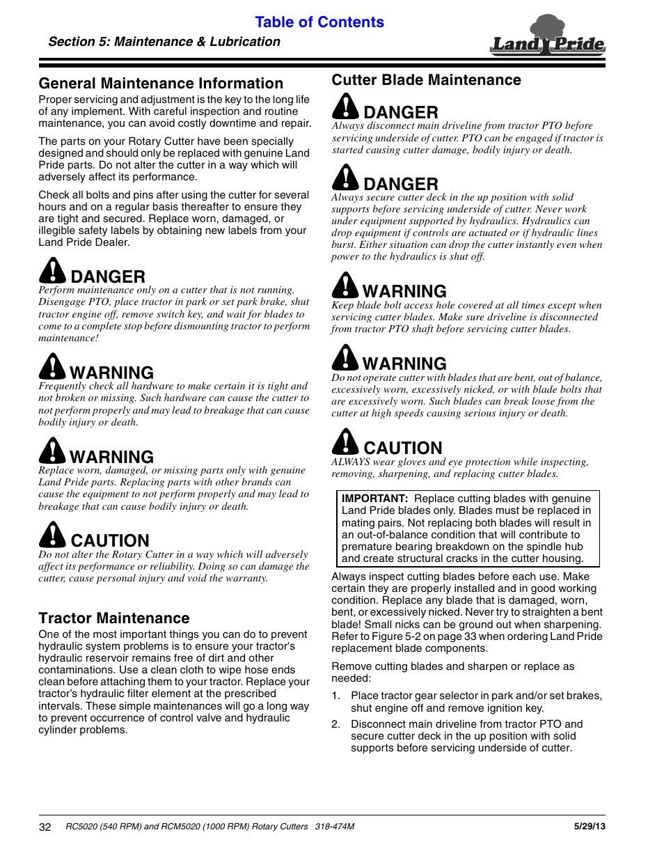 Section 5: maintenance & lubrication, General maintenance information, Tractor maintenance | Cutter blade maintenance, Er to “section 5: maintenance & lubrication | Land Pride RC5020 User Manual | Page 34 / 54