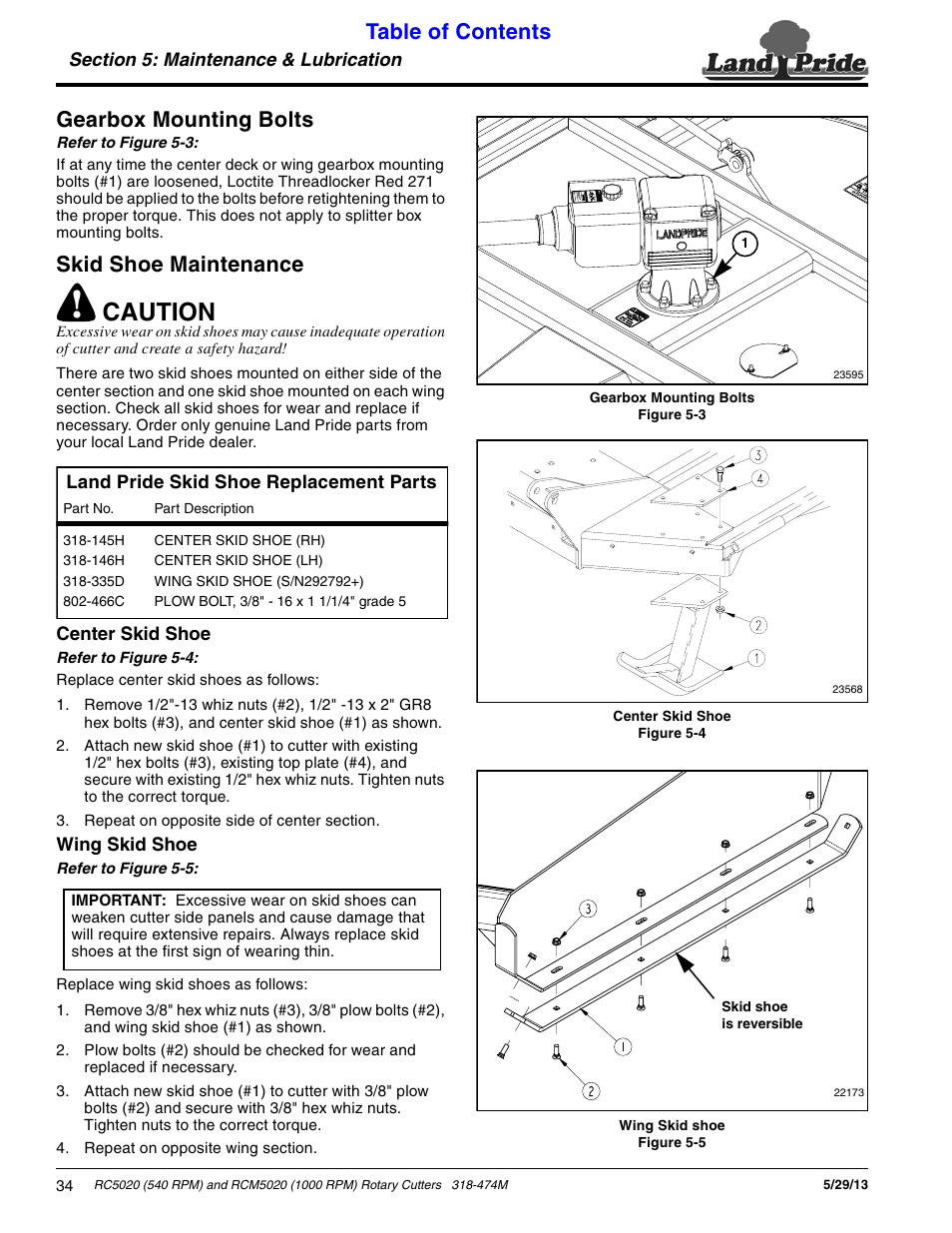 Gearbox mounting bolts, Skid shoe maintenance, Center skid shoe | Wing skid shoe, Gearbox mounting bolts skid shoe maintenance, Center skid shoe wing skid shoe, Caution, Table of contents gearbox mounting bolts | Land Pride RC5020 User Manual | Page 36 / 54