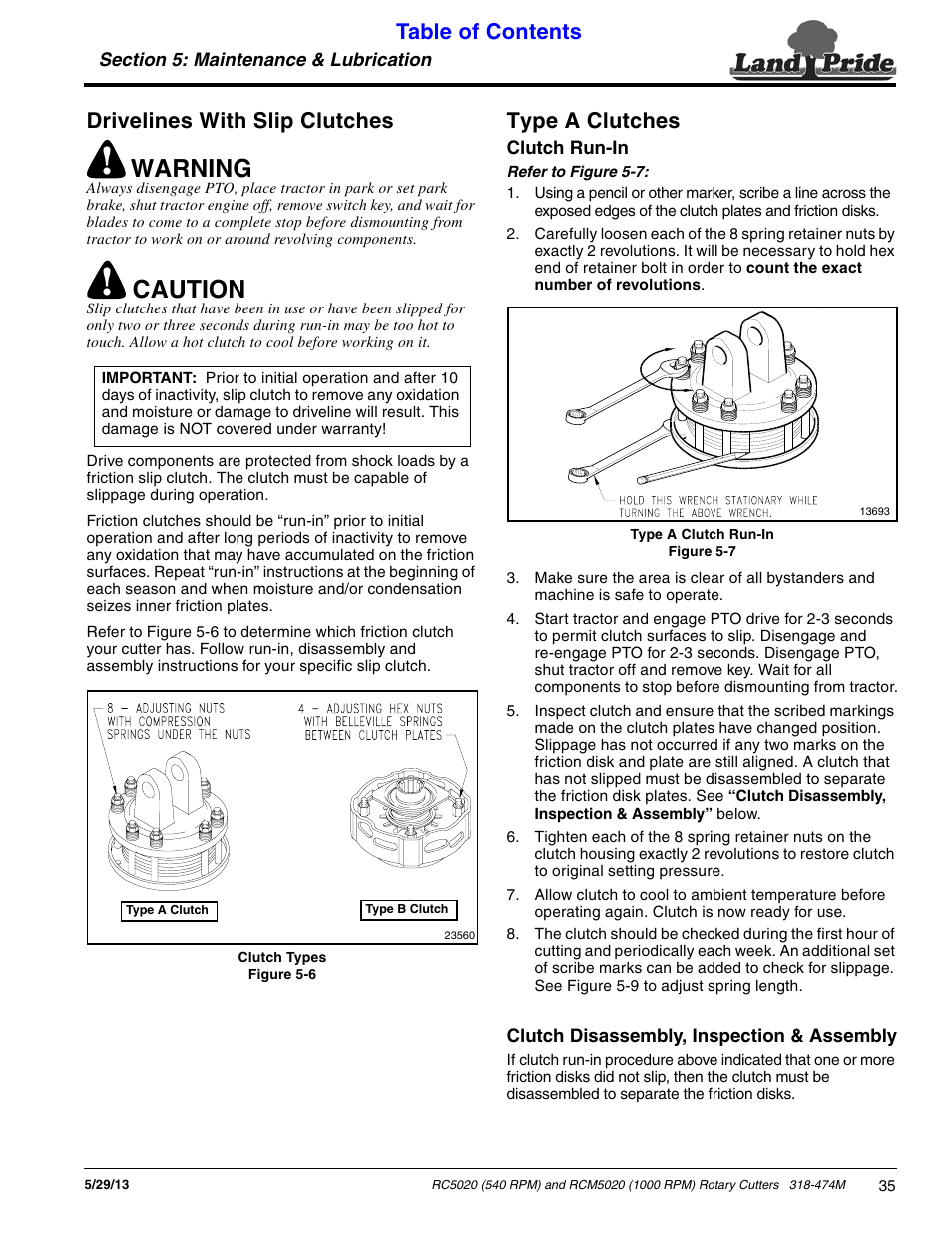 Drivelines with slip clutches, Type a clutches, Drivelines with slip clutches type a clutches | Warning, Caution, Table of contents drivelines with slip clutches | Land Pride RC5020 User Manual | Page 37 / 54