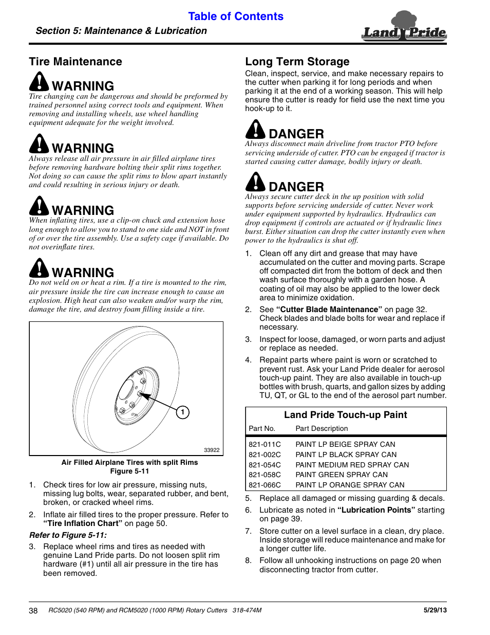 Tire maintenance, Long term storage, Tire maintenance long term storage | Warning, Danger | Land Pride RC5020 User Manual | Page 40 / 54