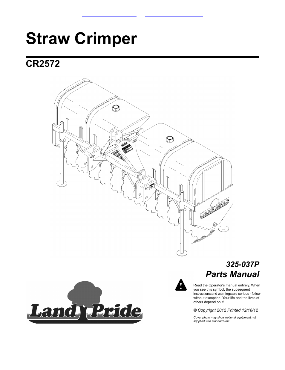 Land Pride Straw Crimper CR2572 User Manual | 16 pages