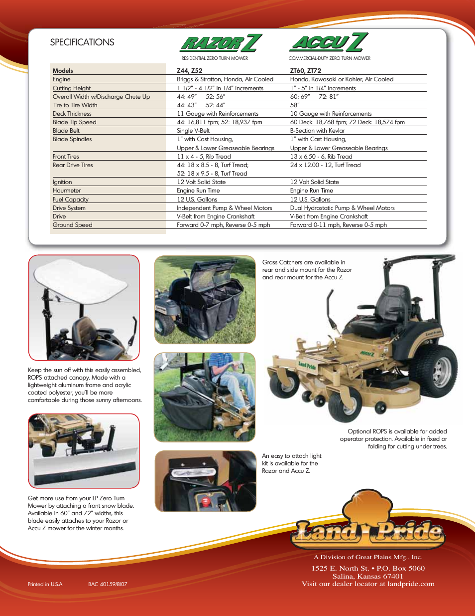 Specifications | Land Pride Z44 User Manual | Page 8 / 8