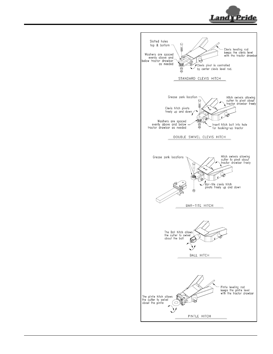 Hitch types, Standard clevis hitch, Double swivel clevis hitch (optional) | Bar-tite hitch (optional), Ball hitch (optional), Pintle hitch (optional), Table of contents hitch types | Land Pride RCM6510 User Manual | Page 15 / 54