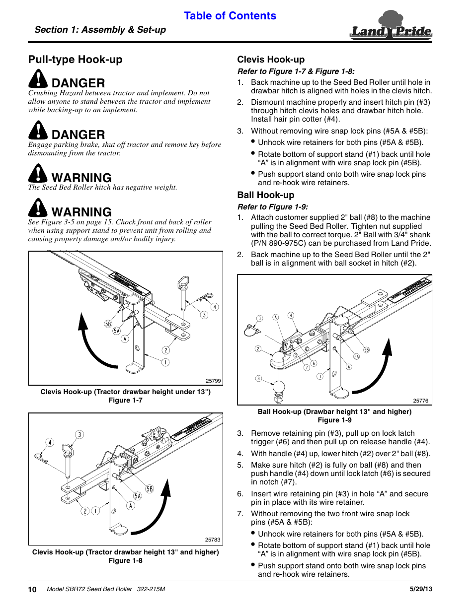 Pull-type hook-up, Clevis hook-up, Ball hook-up | Clevis hook-up ball hook-up, Danger, Warning, Table of contents pull-type hook-up | Land Pride 322-215M User Manual | Page 12 / 26