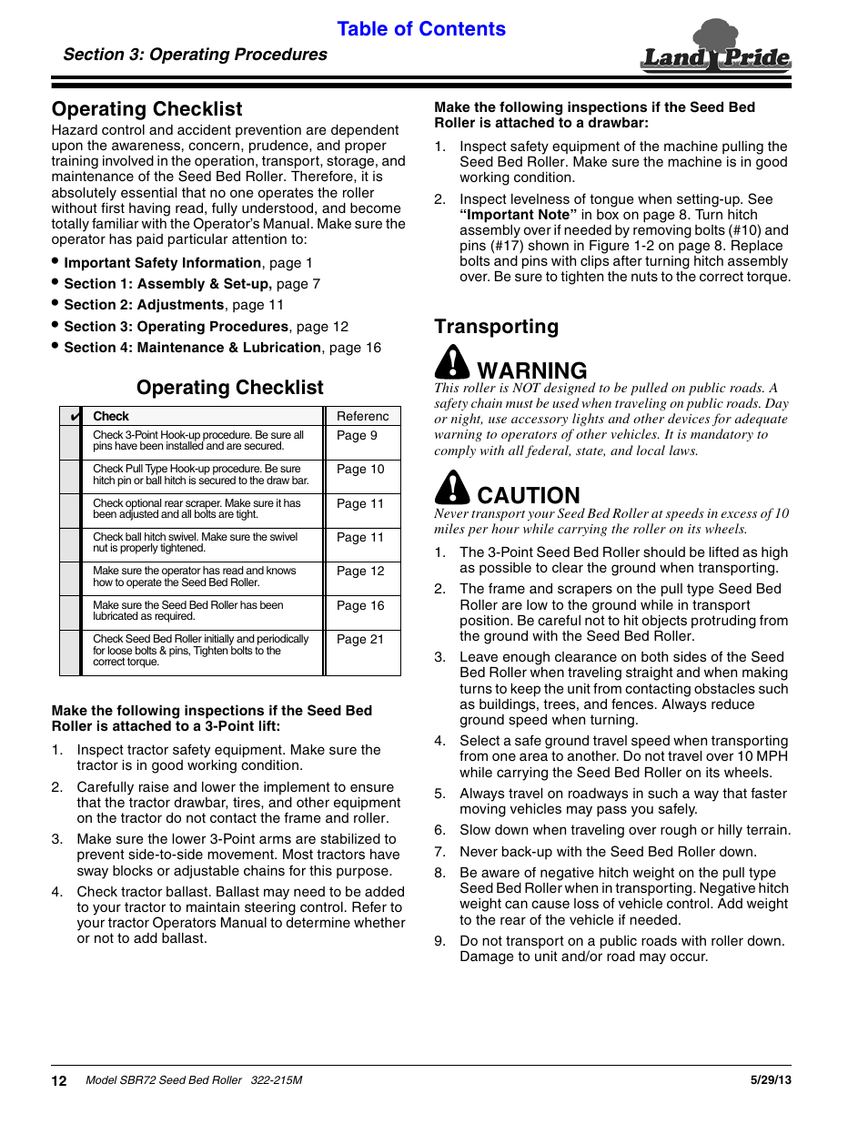 Section 3: operating procedures, Operating checklist, Transporting | Operating checklist transporting, Warning, Caution, Table of contents operating checklist | Land Pride 322-215M User Manual | Page 14 / 26