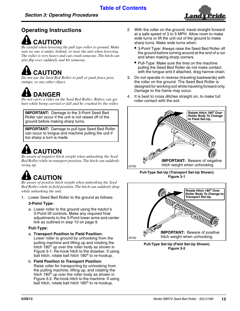 Operating instructions, Caution, Danger | Table of contents operating instructions | Land Pride 322-215M User Manual | Page 15 / 26