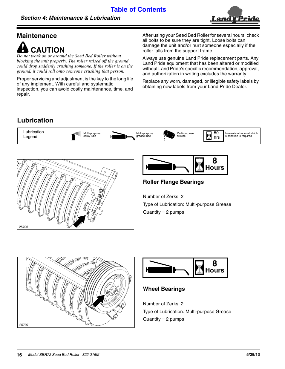 Section 4: maintenance & lubrication, Maintenance, Lubrication | Roller flange bearings, Wheel bearings, Maintenance lubrication, Roller flange bearings wheel bearings, Caution, Table of contents maintenance, Hours | Land Pride 322-215M User Manual | Page 18 / 26