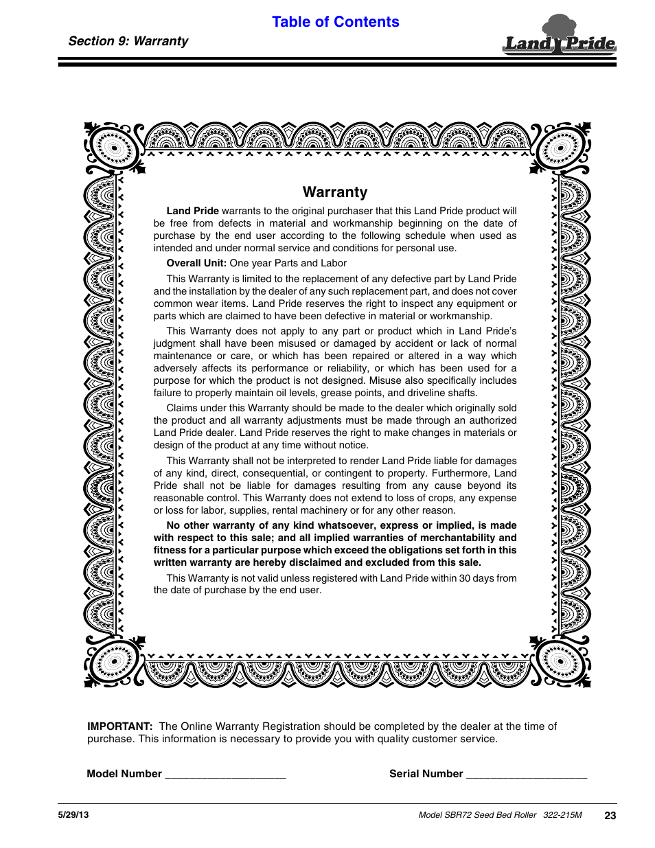 Section 9: warranty, Table of contents warranty | Land Pride 322-215M User Manual | Page 25 / 26