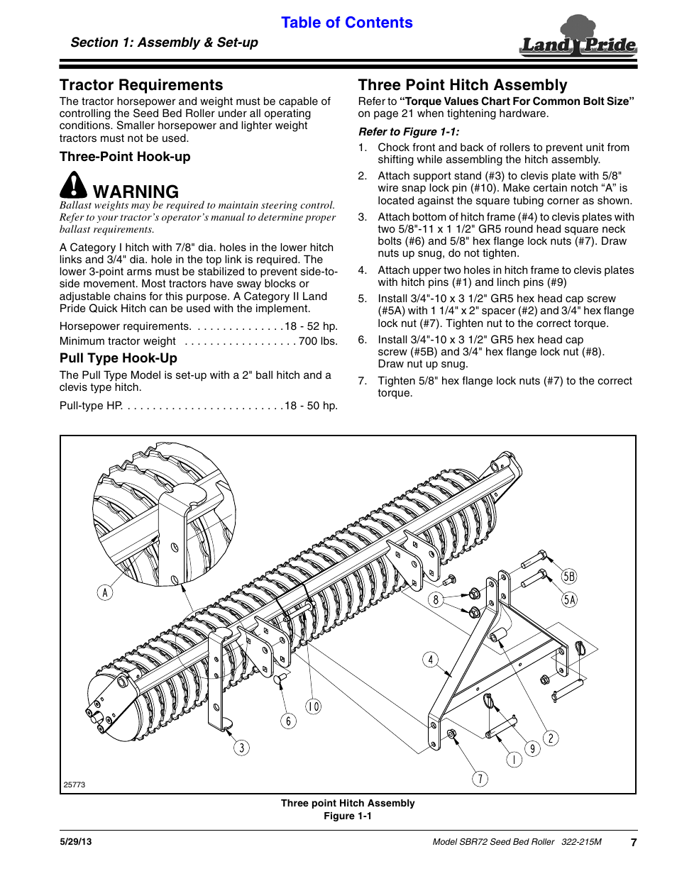 Section 1:assembly & set-up, Tractor requirements, Three-point hook-up | Pull type hook-up, Three point hitch assembly, Section 1: assembly & set-up, Three-point hook-up pull type hook-up, Warning, Table of contents tractor requirements | Land Pride 322-215M User Manual | Page 9 / 26